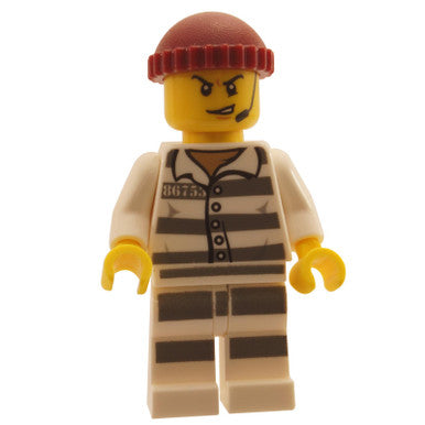 Sky Police - Jail Prisoner 86753 Prison Stripes, Scowl with Open Mouth and Headset, Dark Red Knit Cap