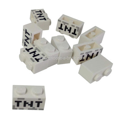 White Brick 1 x 2 with Black 'TNT' Pixelated Pattern