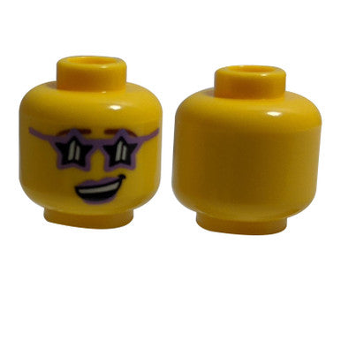 Minifigure, Head Female Glasses Star Shaped, Medium Lavender Lips, Open Lopsided Smile with Teeth P