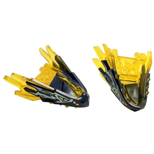 Trans-Yellow Dragon Head (Ninjago) Jaw with Spikes, 4 Studs and 2 Bar Handles with Molded Dark Blue Face and Printed Bright Light Yellow Eyes and Metallic Light Blue Markings Pattern