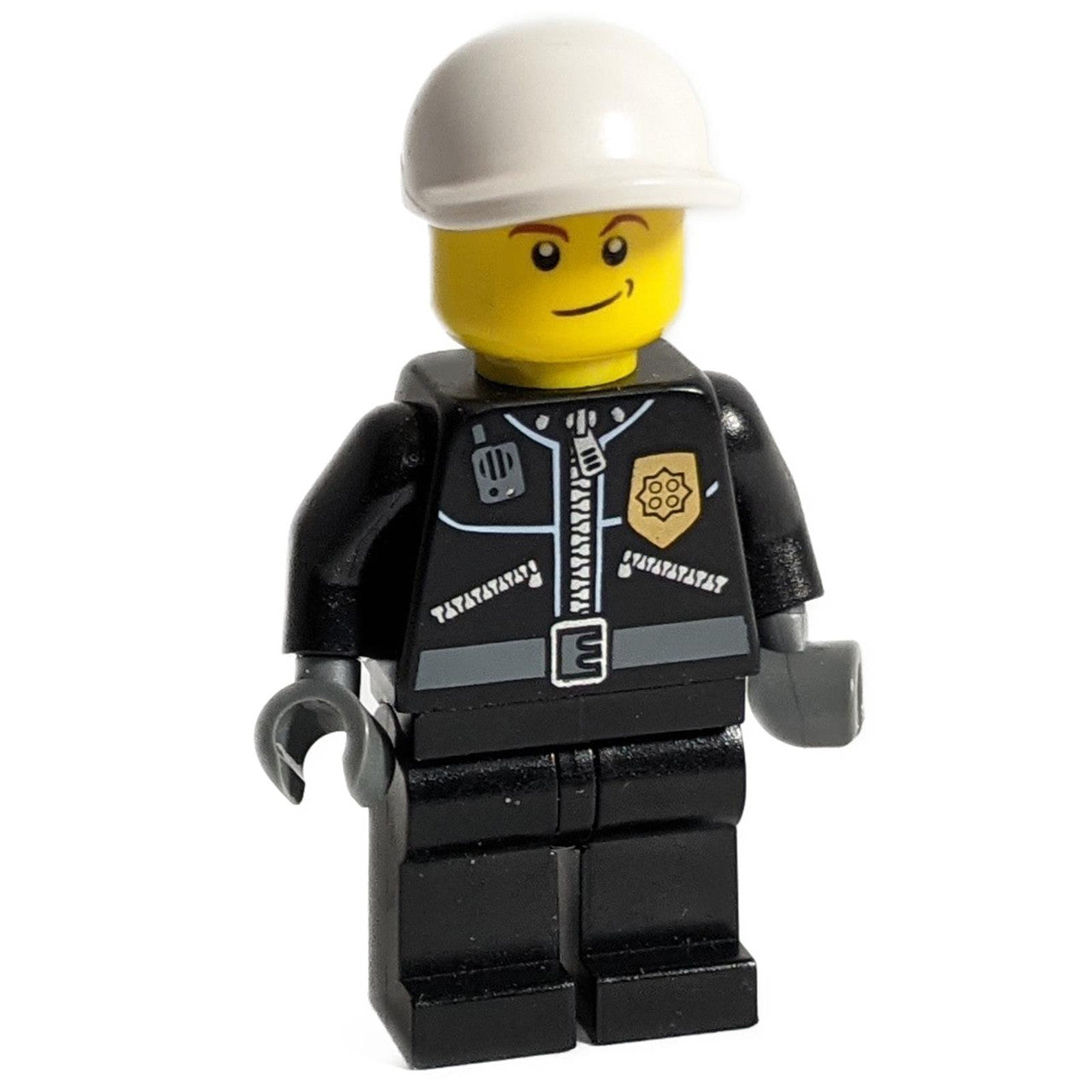 Police - City Leather Jacket with Gold Badge and 'POLICE' on Back, White Short Bill Cap, Lopsided Smile