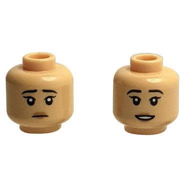 Minifigure, Head Dual Sided Female Black Eyebrows, Medium Nougat Lips, Open Mouth Smile with Teeth / Sad Pattern - Hollow Stud