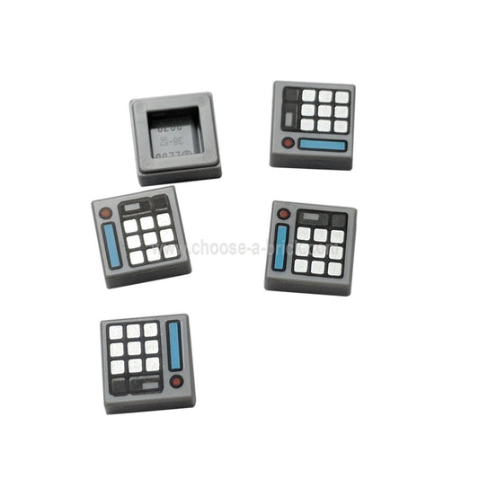 Light Bluish Gray Tile 1 x 1 with Groove with Keypad Buttons, Medium Azure Screen and Red Light Calculator Pattern