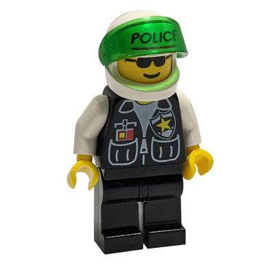 Police cop036 -Police - Sheriff Star and 2 Pockets, Black Legs, White Arms, White Helmet with Police Pattern, Trans-Green Visor