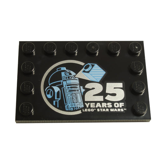 Black Tile, Modified 4 x 6 with Studs on Edges with Bright Light Blue and Medium Blue R2-D2 Minifigure and Silver '25 YEARS OF LEGO STAR WARS' Pattern