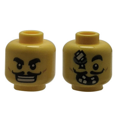 Minifigure, Head Dual Sided Black Eyebrows, Moustache, Open Mouth Grin, White Teeth / Bandage on Fo