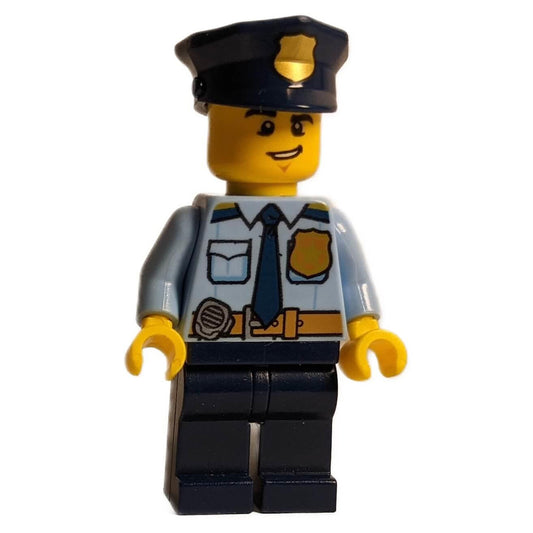 Police - City Shirt with Dark Blue Tie and Gold Badge, Dark Tan Belt with Radio, Dark Blue Legs, Police Hat with Gold Badge, Lopsided Grin