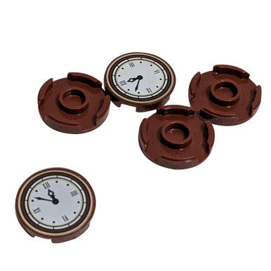 Reddish Brown Tile, Round 2 x 2 with Bottom Stud Holder with Clock with Roman Numerals Simple Pattern