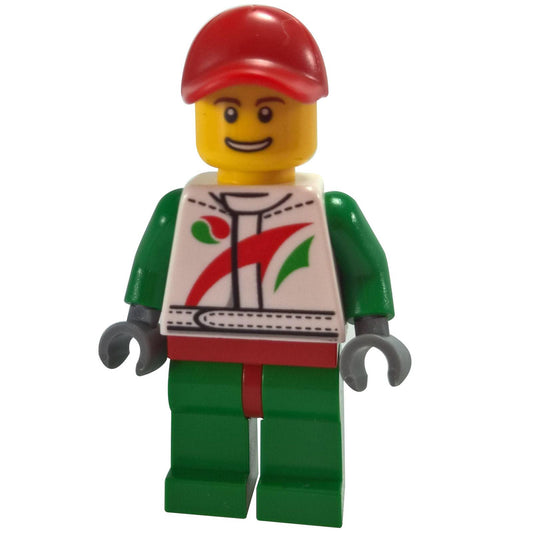 Race Car Mechanic, White Race Suit with Octan Logo, Red Cap with Hole, Brown Eyebrows, Thin Grin with Teeth