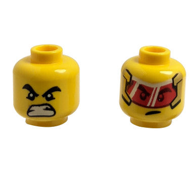 Minifigure, Head Dual Sided, Black Thick Eyebrows, Red Visor with Reflections, Crooked Scowl / Angry Grimace Pattern - Hollow Stud