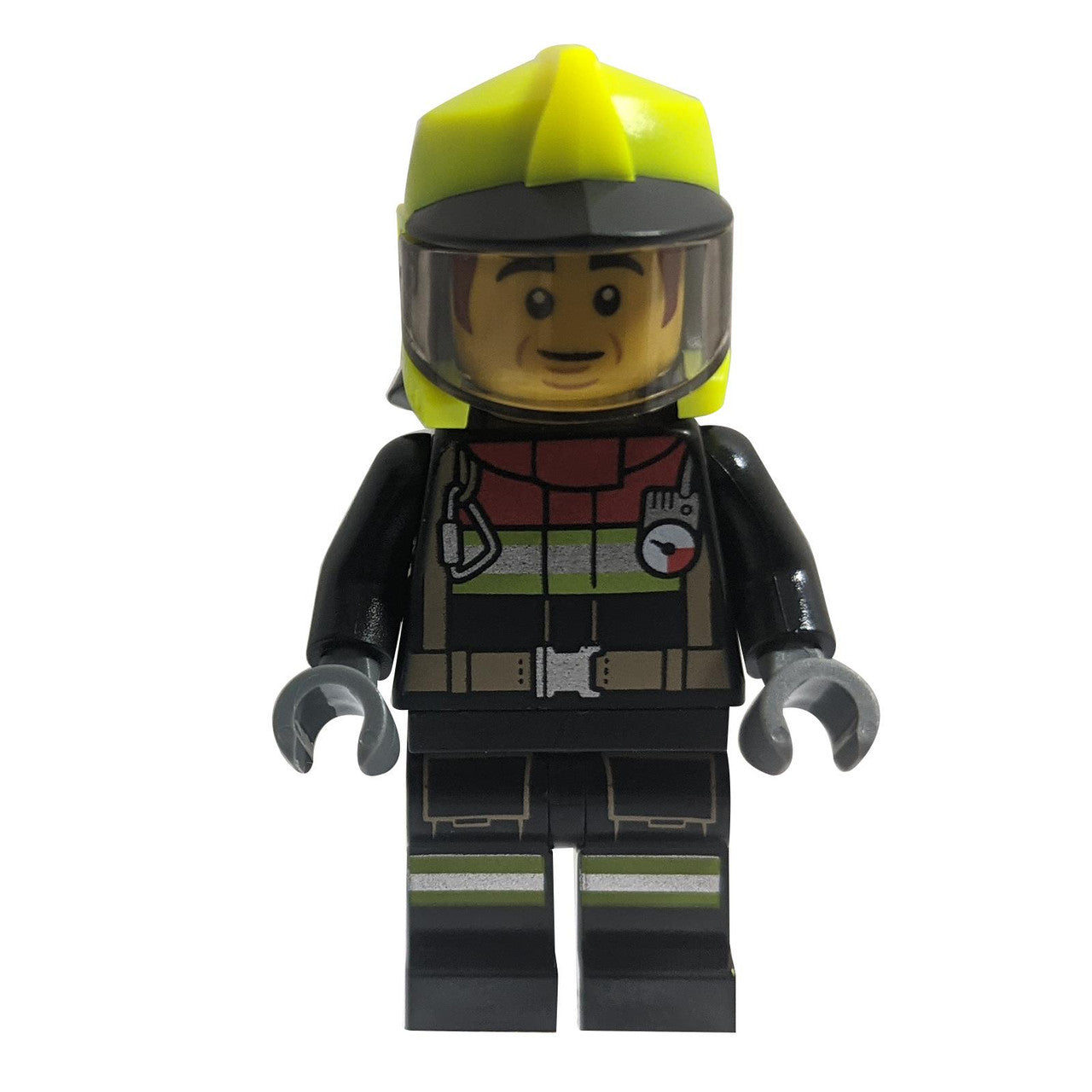  Fire - Male, Black Jacket and Legs with Reflective Stripes and Red Collar, Neon Yellow Fire Helmet, Trans-Black Visor, Dark Orange Sideburns (Bob)