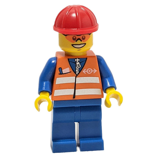 Construction Worker with with Orange Safety Vest and Red Helmet