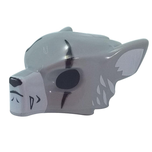 Light Bluish Gray Minifigure, Headgear Mask Wolf with Fangs, Scars and White Ears Pattern