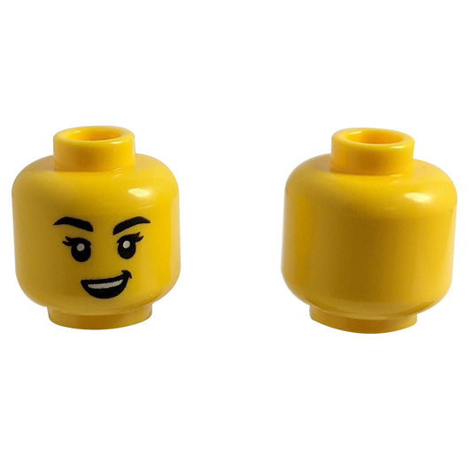 Minifigure, Head Female, Black Eyebrows One Raised, White Pupils, and Open Mouth Crooked Smile Patt