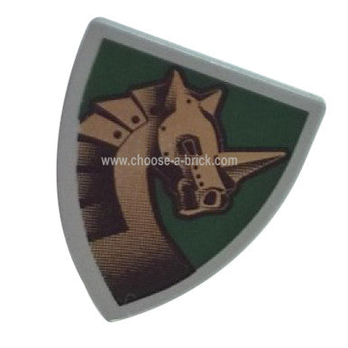 Shield Triangular with Gold Armored Horse (Unicorn) on Dark Green Background Pattern