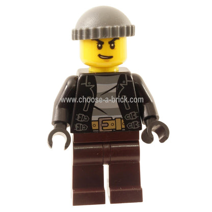 City Bandit Crook, Black Leather Jacket, Dark Bluish Gray Knit Cap, Dark Brown Legs