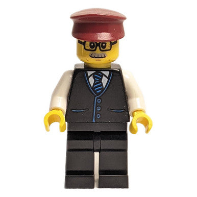 Train Driver - Male, Black Vest with Blue Striped Tie, Black Legs, Dark Red Hat, Glasses and Moustac