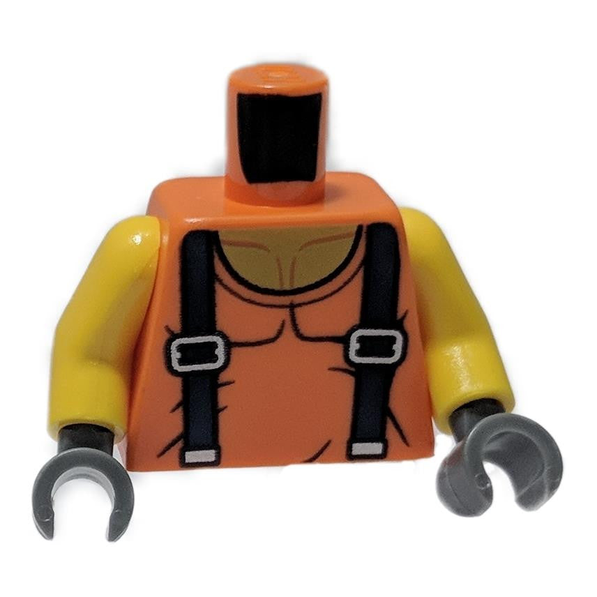 Orange Torso Town Miners with Sleeveless T-Shirt over Muscles with Dark Blue Suspender Straps Pattern - Yellow Arms - Dark Bluish Gray Hands