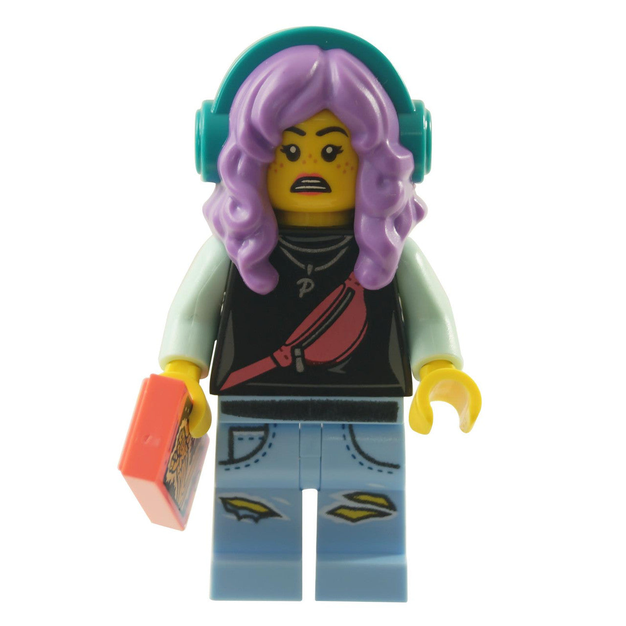 LEGO Minifigure - Parker L. Jackson - Black Top with Headphones Open Mouth Smile - Scared