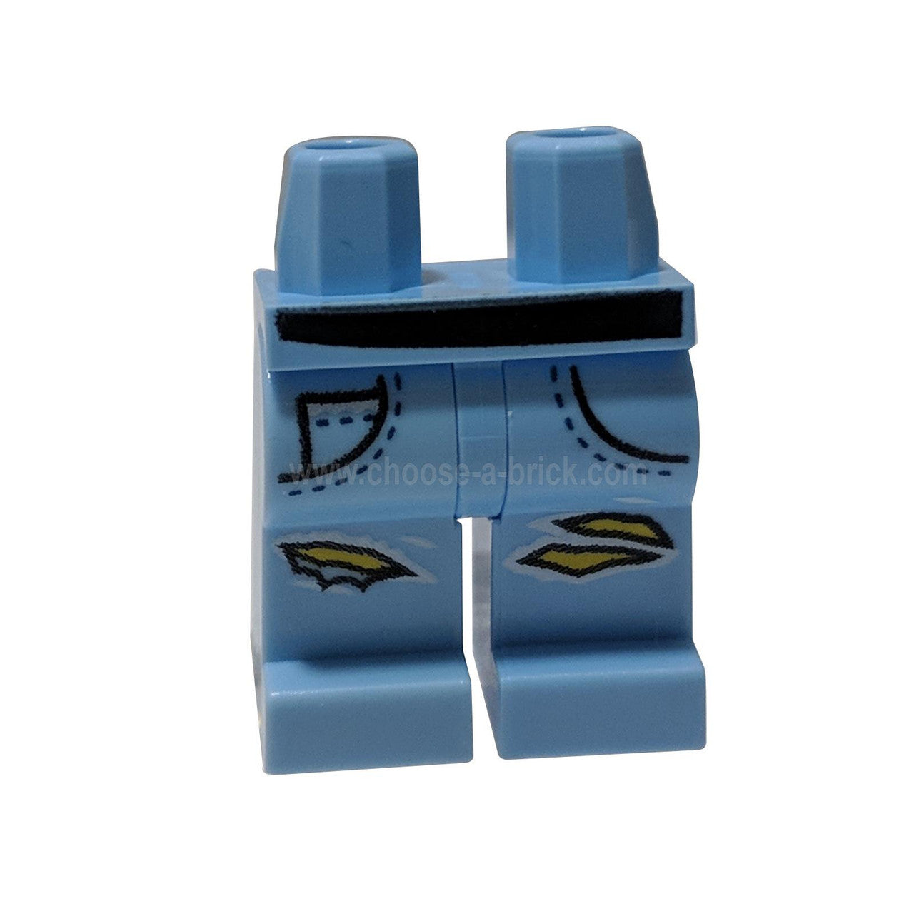 Bright Light Blue Hips and Legs with Ripped Denim Pants, Pockets, Black Belt Pattern