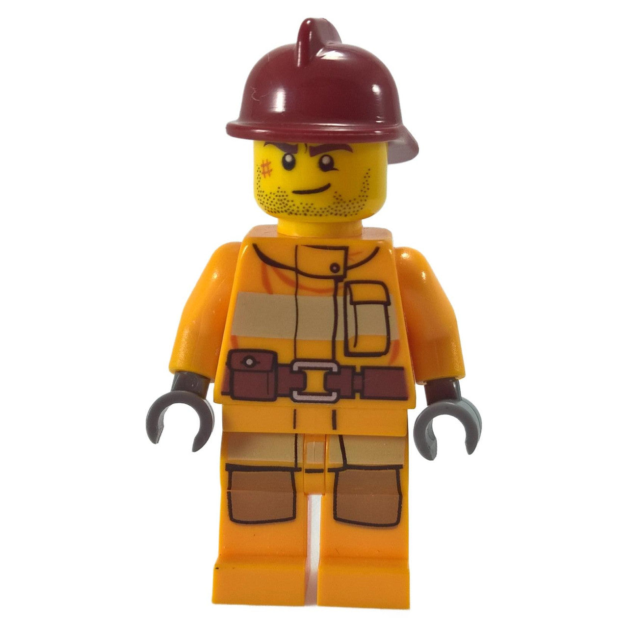 Fire - Bright Light Orange Fire Suit with Utility Belt, Dark Red Fire Helmet, Crooked Smile and Scar