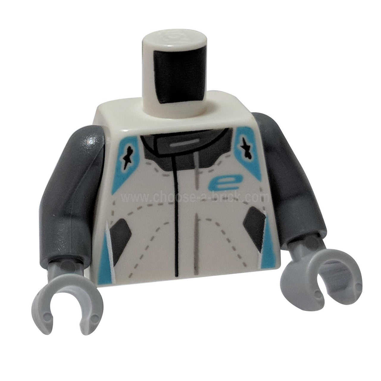 White Torso Speed Champions Jumpsuit, Medium Azure Shoulders, 'e' and Dark Bluish Gray Collar Pattern - Dark Bluish Gray Arms - Light Bluish Gray Hands