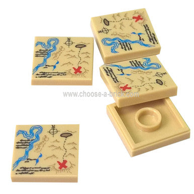 Tile 2 x 2 with Map River, Dark Tan Mountains, Handwriting Red 'X' Pattern