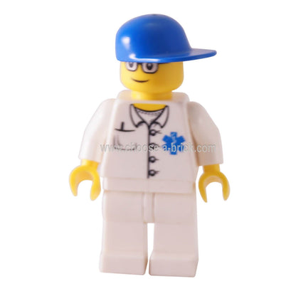 Doctor - EMT Star of Life Button Shirt, White Legs, Blue Cap, Glasses - LEGO MInifigure City