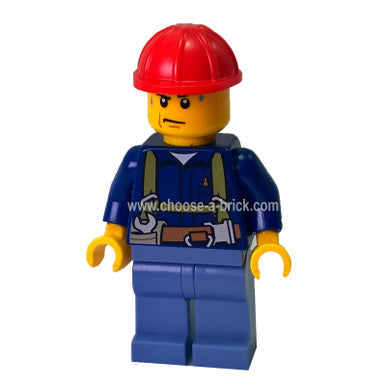 Construction Worker - Shirt with Harness and Wrench, Sand Blue Legs, Red Construction Helmet, Sweat Drops