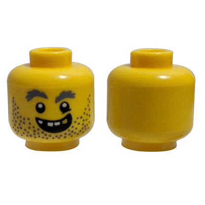 Minifigure, Head Beard Stubble, Gray Bushy Eyebrows, Open Grin, Gold Tooth Pattern - Hollow Stud