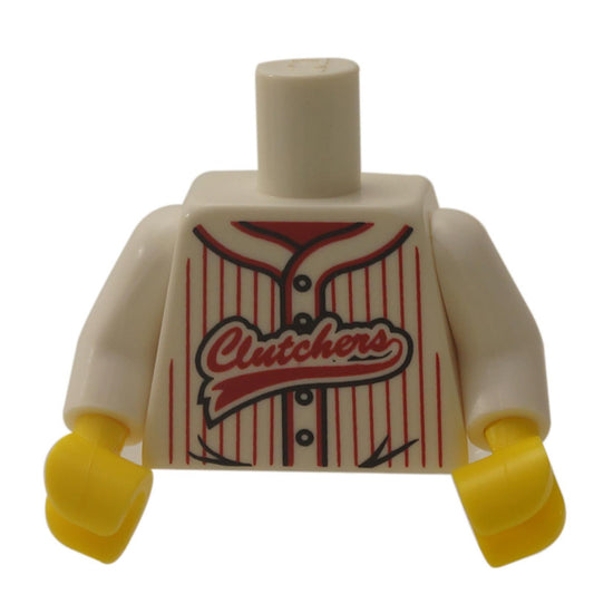 White Torso Baseball Jersey with Vertical Red Stripes, Buttons and 'Clutchers' Logo Pattern - White Arms - Yellow Hands