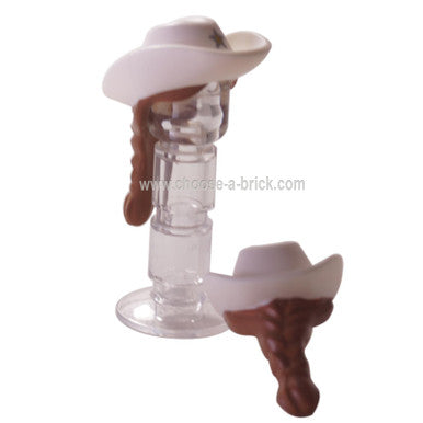 White Minifigure, Hair Combo, Hat with Hair, Cowboy with Star and Medium Dark Flesh Hair in Braid Pattern