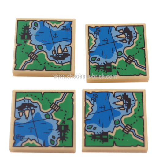 LEGO Parts - Tan Tile 2 x 2 with Map Ninjago with Pagoda and Ship Pattern