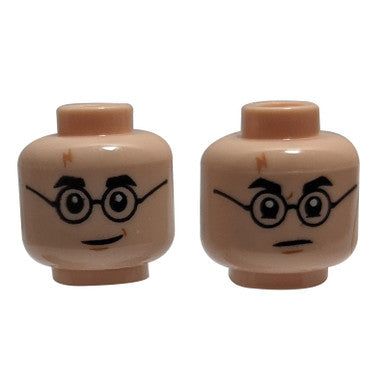 Minifigure, Head Dual Sided Medium Nougat Lightning Scar, Black Eyebrows and Glasses, Smile / Angry