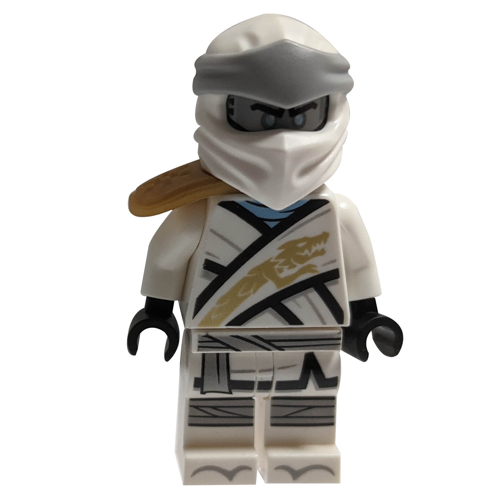 LEGO® Minifigure of Zane from Ninjago Legacy, featuring pearl gold armor shoulder pads and a flat silver head.